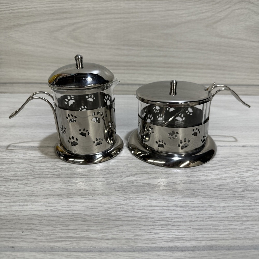 Silver And Plastic (Maybe Glass) Cream & Sugar Set w/ Spoon‎ Paw Prints